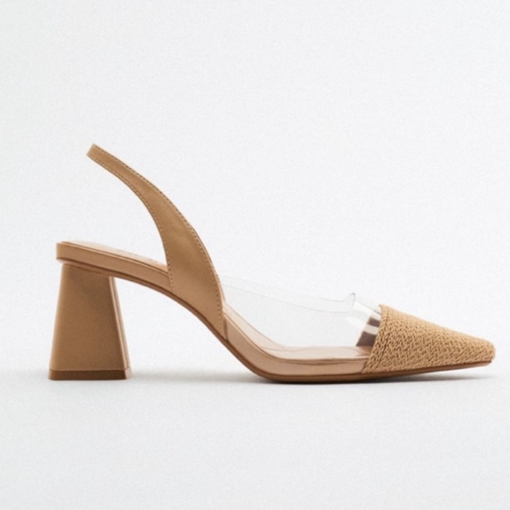 Zara nude / beige clear pvc straw detail slingback block heels